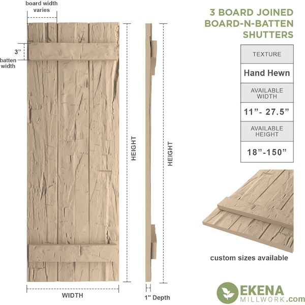 Rustic Three Board Joined Board-n-Batten Hand Hewn Faux Wood Shutters, 16 1/2W X 36H